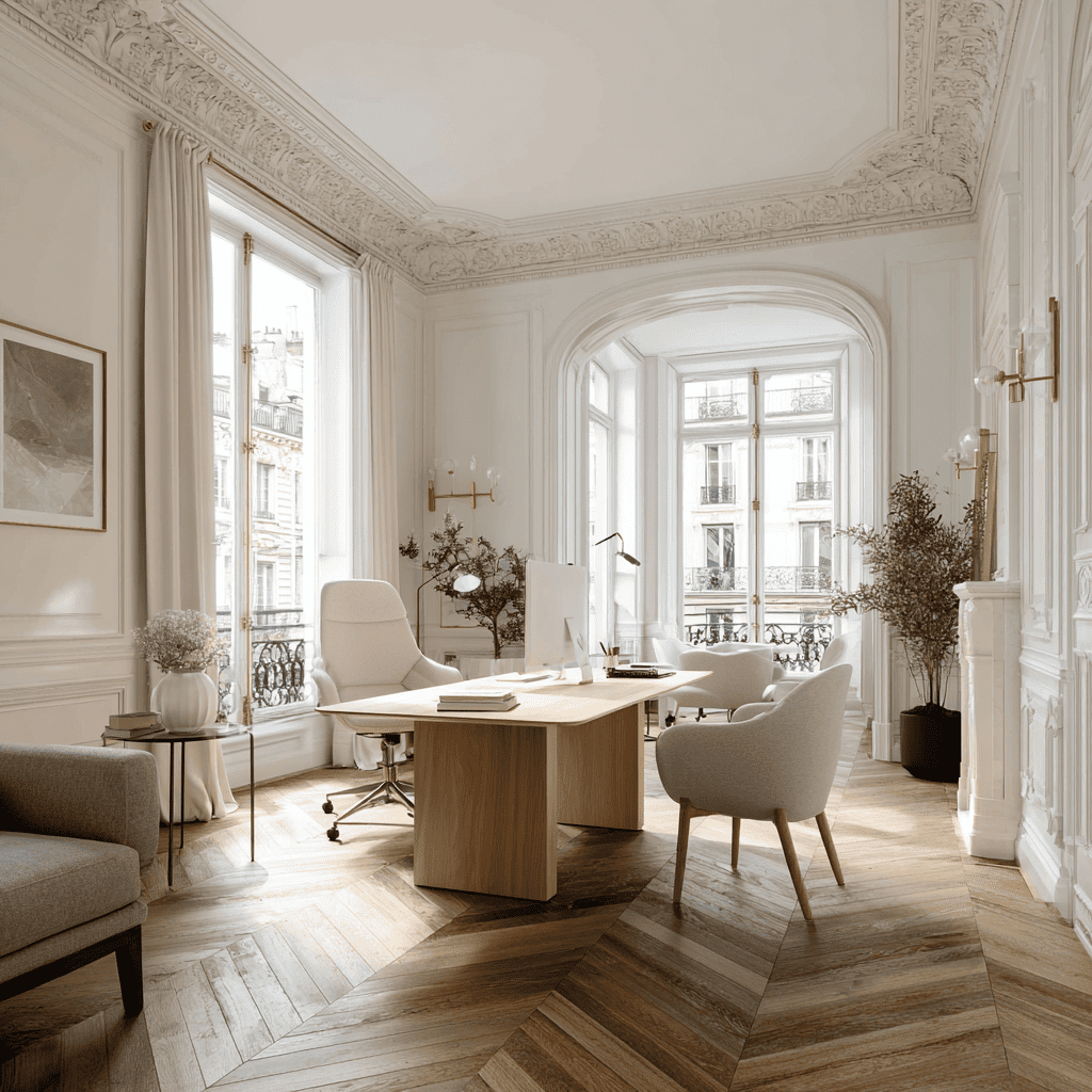 Bureau de réception élégant d'Althéa Notaires : architecture classique avec moulures raffinées, parquet en chevron et mobilier contemporain dans un espace baigné de lumière