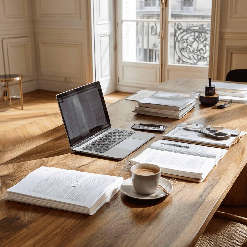 Espace de travail lumineux de l'étude Althéa Notaires avec ordinateur portable, dossiers juridiques ouverts et café, illustrant la rigueur et l'accueil.