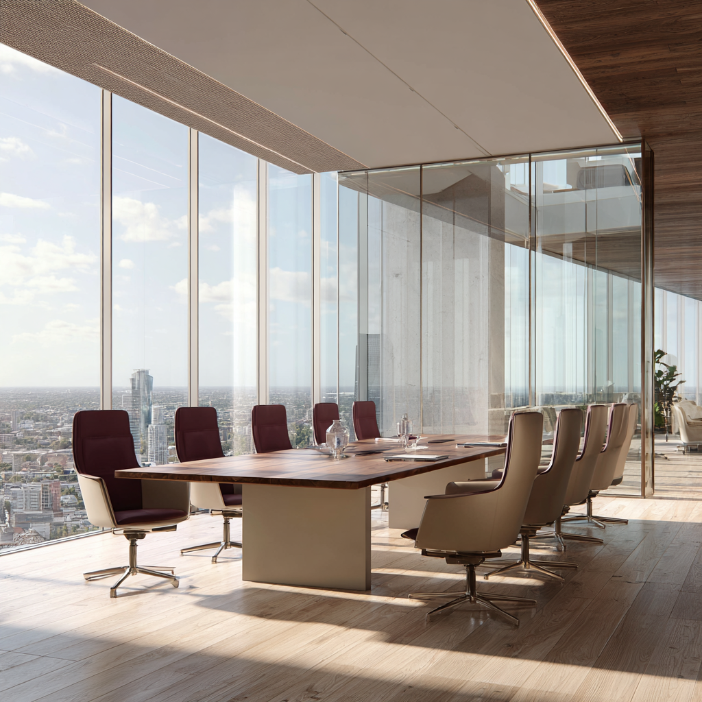 Salle de réunion moderne et lumineuse d'Althéa Notaires avec vue panoramique sur la ville, mobilier en bois et cuir pour recevoir la clientèle.